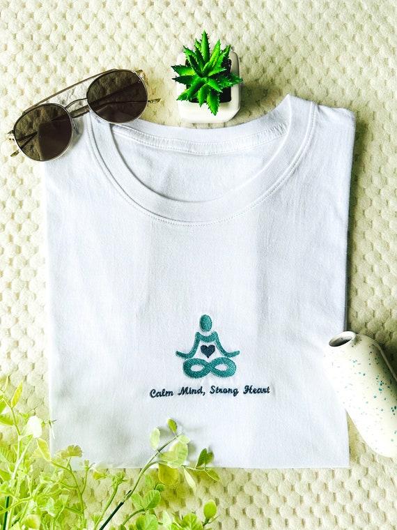 Embroidered Yoga T-Shirt – Calm Mind Strong Heart, Meditation Tee