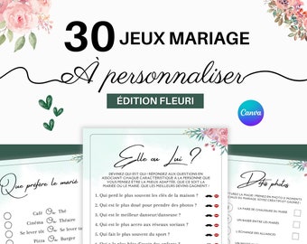 Flower-themed wedding games | Pack of 30 wedding games in French | Wedding entertainment | Printable wedding games | Customizable