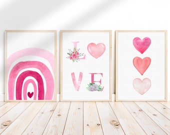 Conjunto de 3 carteles de habitación de bebé boho rosa, carteles de habitación de bebé con corazón, arco iris, decoración de arte de pared infantil, arte imprimible.