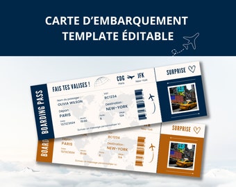 Modèle modifiable de carte d'embarquement, billet d'avion personnalisé imprimable, carte d'embarquement Canva, Idée cadeau voyage français