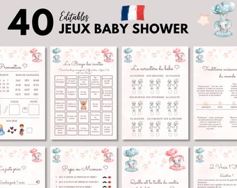 Jeux Baby Shower Éléphants éditables à imprimer - 40 Jeux Fête Prénatale - Pack Activités Baby Shower en français - Prédiction Bébé Français