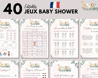 Jeux Baby Shower Safari V2 éditables à imprimer - 40 Jeux Fête Prénatale - Pack Activités Baby Shower en français - Prédiction Bébé Français