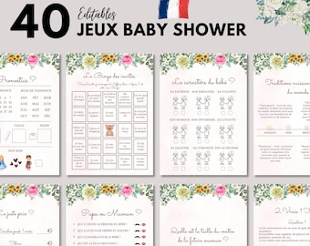 Jeux Baby Shower Fleurs éditables à imprimer - 40 Jeux Fête Prénatale - Pack Activités Baby Shower en français - Prédiction Bébé Français