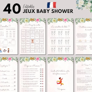 Baby Shower Games Editable Flowers to print - 40 Baby Shower Games - Baby Shower Activities Pack in French - French Baby Prediction