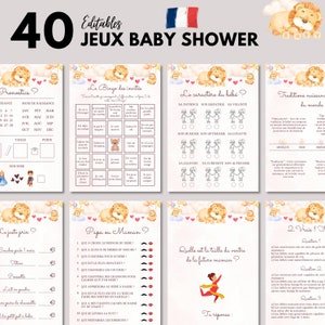 Printable Editable Lions Baby Shower Games - 40 Baby Shower Games - French Baby Shower Activities Pack - French Baby Prediction