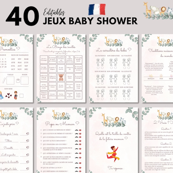 Baby Shower Safari V2 Juegos editables para imprimir - 40 Juegos de Baby Shower - Pack de actividades de Baby Shower en francés - Predicción del bebé en francés