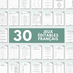May include: A set of 30 printable French game templates with floral accents. The games include activities like "Who Knows the Bride Best?" and "Guess the Song".