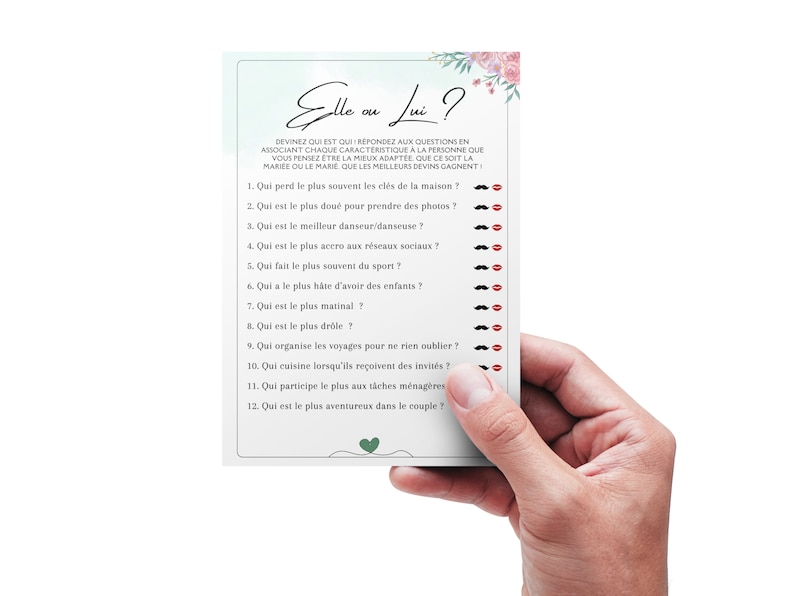 May include: A light blue card with pink floral accents and the text "Elle ou Lui?"  The card features a list of 12 questions to help couples learn more about each other.