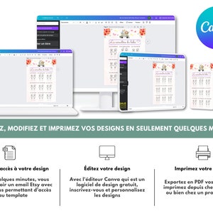 May include: A screenshot of a computer screen showing a Canva design template for a baby shower. The template is a pink and white design with a cartoon car and the text "Les caracteres du bebe". The image also shows a laptop and a phone, both displaying the same template. The text "ACHETEZ, MODIFIEZ ET IMPRIMEZ VOS DESIGNS EN SEULEMENT QUELQUES MINUTES" is displayed at the bottom of the image.