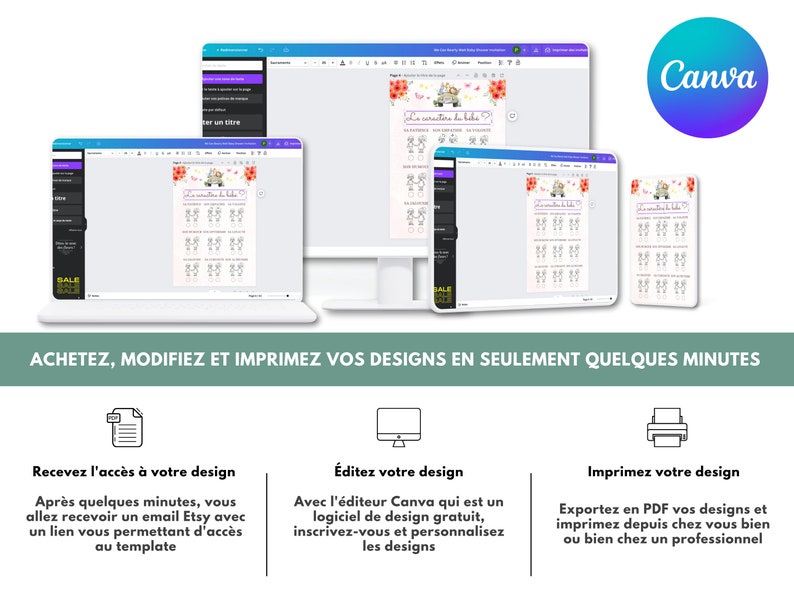 May include: A screenshot of a computer screen showing a Canva design template for a baby shower. The template is a pink and white design with a cartoon car and the text "Les caracteres du bebe". The image also shows a laptop and a phone, both displaying the same template. The text "ACHETEZ, MODIFIEZ ET IMPRIMEZ VOS DESIGNS EN SEULEMENT QUELQUES MINUTES" is displayed at the bottom of the image.