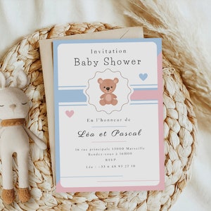 Invitación de baby shower de osito de peluche, anuncio de Baby Shower, personalizable, baby shower en francés, plantilla Canva, baby shower