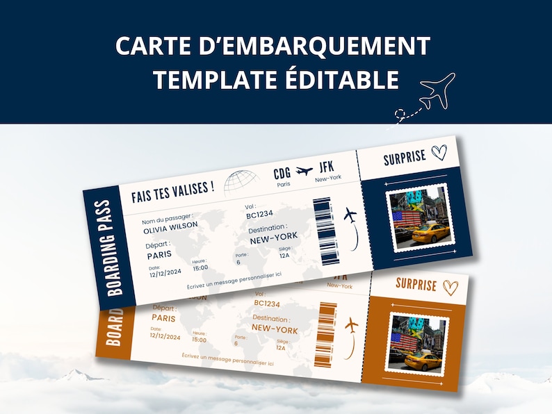 Modèle modifiable de carte d'embarquement, billet d'avion personnalisé imprimable, carte d'embarquement Canva, Idée cadeau voyage français image 1