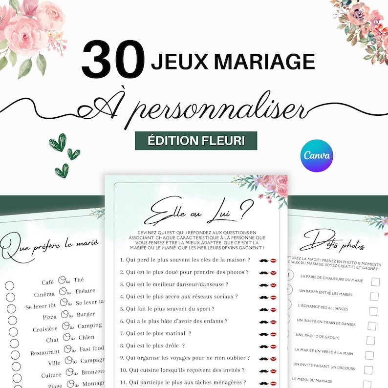 May include: A printable wedding game with a light blue background and pink floral accents. The game is called "Elle ou Lui?" and asks players to guess who is more likely to do certain things, like lose their keys or cook dinner. The game is designed to be played by guests at a wedding reception.