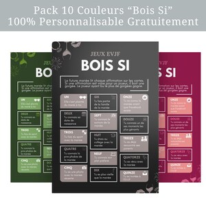 Pode incluir: Um conjunto de tr&ecirc;s cartas de jogo imprim&iacute;veis com fundo verde, preto e bord&ocirc;. As cartas apresentam o texto "Jeux EVJF Bois Si" e uma lista de 15 perguntas para um jogo de despedida de solteira.
