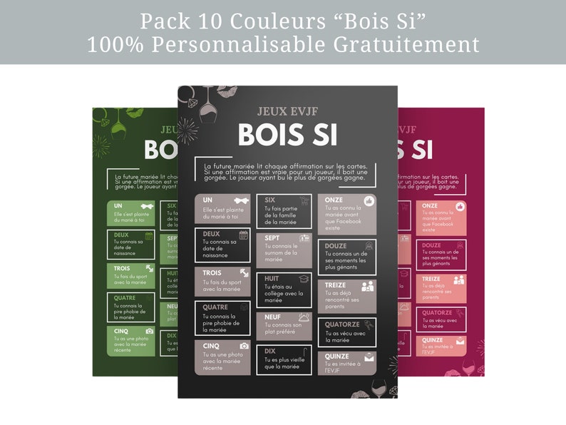 Pode incluir: Um conjunto de tr&ecirc;s cartas de jogo imprim&iacute;veis com fundo verde, preto e bord&ocirc;. As cartas apresentam o texto "Jeux EVJF Bois Si" e uma lista de 15 perguntas para um jogo de despedida de solteira.