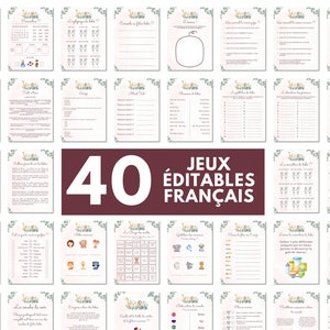 May include: A set of 40 printable baby shower games in French. The games are editable and feature a cute giraffe illustration. The games are perfect for a baby shower or gender reveal party.