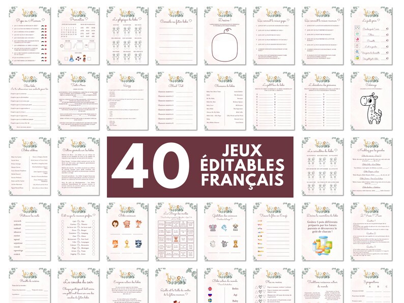 May include: A set of 40 printable baby shower games in French. The games are editable and feature a cute giraffe illustration. The games are perfect for a baby shower or gender reveal party.