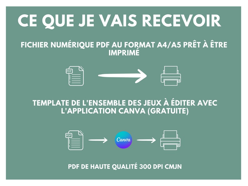 May include: A graphic showing what you will receive when you purchase a printable game template. The template is a PDF file that can be edited in Canva and printed on A4 or A5 paper. The PDF is high quality, 300 DPI, and in CMYK color mode.