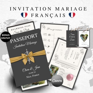 Faire-part de mariage passeport français, Mariage carte d'embarquement passeport imprimable, Faire-part de mariage sur le thème du voyage