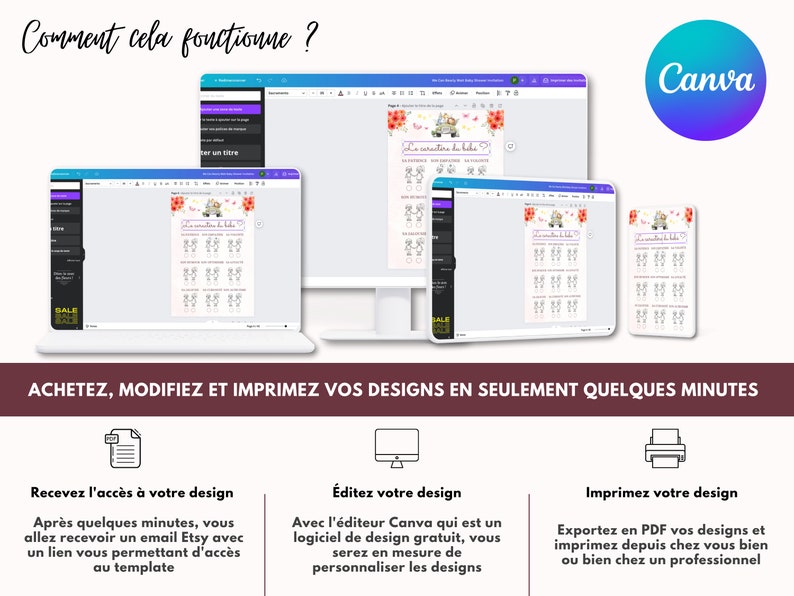 May include: A computer screen displaying a Canva design template with the text "Le ventre de b&eacute;b&eacute;" in a pink and white font. The design is a printable baby shower game. The screen is surrounded by other computer screens and a mobile phone, all displaying the same design. The text "ACHETEZ, MODIFIEZ ET IMPRIMEZ VOS DESIGNS EN SEULEMENT QUELQUES MINUTES" is displayed below the screens.