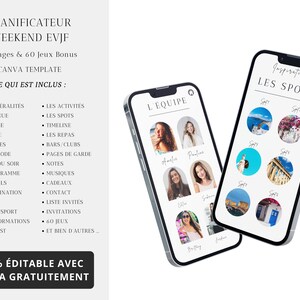 Pode incluir: Um modelo Canva para planejar um fim de semana de despedida de solteira. O modelo inclui 48 p&aacute;ginas e 60 jogos b&ocirc;nus. O modelo &eacute; 100% edit&aacute;vel e gratuito para usar com Canva. A imagem mostra uma tela de telefone com uma lista de itens inclu&iacute;dos no modelo, como "Les Generalites", "Les Activites" e "L'Equipe".