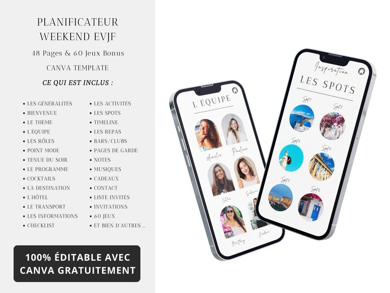 Pode incluir: Um modelo Canva para planejar um fim de semana de despedida de solteira. O modelo inclui 48 p&aacute;ginas e 60 jogos b&ocirc;nus. O modelo &eacute; 100% edit&aacute;vel e gratuito para usar com Canva. A imagem mostra uma tela de telefone com uma lista de itens inclu&iacute;dos no modelo, como "Les Generalites", "Les Activites" e "L'Equipe".