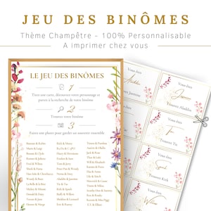 Jeu des binômes thème champêtre- Jeux de mariage - Activités mariage - Personnalisable - 100 personnes (50 binômes)