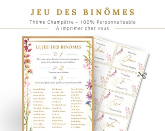 May include: A printable game for a party or event. The game is called "Le Jeu des Binomes" and features a rustic theme with floral illustrations. The game instructions are in French and include a list of character pairings.