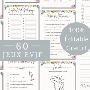 Pode incluir: Um conjunto de 60 jogos de despedida de solteira imprim&iacute;veis com ilustra&ccedil;&otilde;es florais. Os jogos incluem "L'alphabet du Mariage", "Rofe des Maries", "Leve ton verre et bois si", "La robe", "Ces Chrono" e "De la part de".