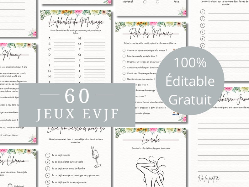 Pode incluir: Um conjunto de 60 jogos de despedida de solteira imprim&iacute;veis com ilustra&ccedil;&otilde;es florais. Os jogos incluem "L'alphabet du Mariage", "Rofe des Maries", "Leve ton verre et bois si", "La robe", "Ces Chrono" e "De la part de".