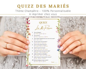 May include: A wedding quiz card with the text "QUIZZ DES MARIÉS" and "Thème Champêtre - 100% Personnalisable". The card is decorated with floral elements and features questions about the couple, Lea & Romain.