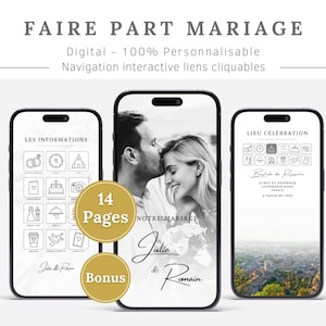 Faire-part mariage digital français, Invitation de mariage numérique, Programme de mariage, Invitation mariage originale, Template Canva
