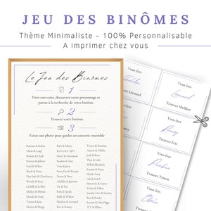 Puede incluir: Un juego imprimible llamado "Le Jeu des Binomes" con un tema minimalista. El juego incluye cartas con nombres de parejas famosas, como Bonnie & Clyde, Han Solo & Chewbacca y Mickey & Minnie. Las instrucciones del juego están en francés.