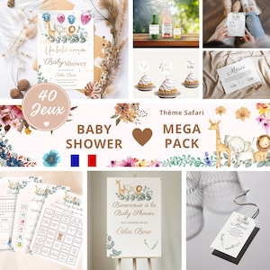 Safari Baby Shower Template Pack to print - 40 Baby Shower Games - Safari Baby Shower Games to print - French Baby Prediction - Kit