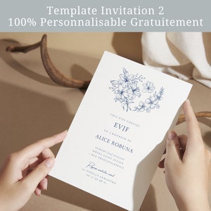 Pode incluir: Um cart&atilde;o de convite branco com ilustra&ccedil;&otilde;es florais azuis e texto que diz "EST&Aacute;S CONVIDADO PARA UM EVJF EM HONRA DE ALICE ROBUNA S&Aacute;BADO JULHO HOTEL SAINT JULIEN RUE PRINCIPALE NICE RSVP: AVRILIA SAMANTHA"