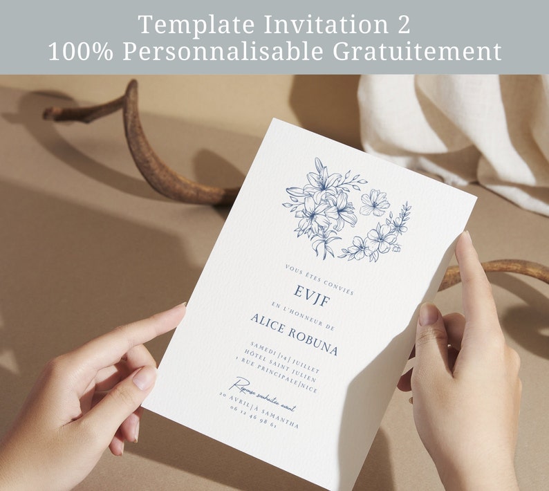 Pode incluir: Um cart&atilde;o de convite branco com ilustra&ccedil;&otilde;es florais azuis e texto que diz "EST&Aacute;S CONVIDADO PARA UM EVJF EM HONRA DE ALICE ROBUNA S&Aacute;BADO JULHO HOTEL SAINT JULIEN RUE PRINCIPALE NICE RSVP: AVRILIA SAMANTHA"