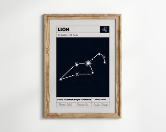 Affiche Constellation Lion | Affiche signe du zodiaque | Idée cadeau astrologie | Décoration murale astrologie | Affiche zodiaque