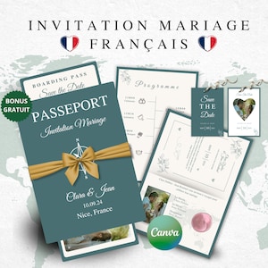 Faire-part de mariage passeport français, Mariage carte d'embarquement passeport imprimable, Faire-part de mariage sur le thème du voyage