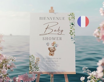 Panneau bienvenue baby shower, panneau de bienvenue ourson fleur, baby shower français, invitation baby shower, fête prénatale