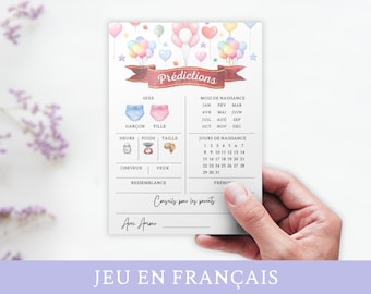 Jeu Prédictions Bébé  - Jeu naissance en français pour Baby Shower  - Carton Imprimable pour fêter la Naissance - Gender Reveal