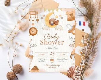 Invito per baby shower a tema orso da stampare - Modello modificabile - Baby shower in francese - Invito per baby shower - Francese