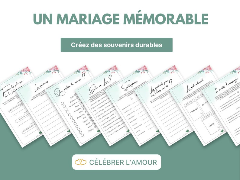 May include: A set of printable wedding game cards with floral accents. The cards feature titles like "Who Prefers the Music?" and "The Forbidden Word".