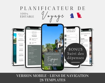 May include: A mobile phone screen displaying a travel planner app with the text "PLANIFICATEUR DE VOYAGE" and "MON VOYAGE EN ESPAGNE". The app includes sections for "Aperçu du Voyage", "Jour I", "Table des Matières", "Restaurants & Bars", and "Suivi des Dépenses".