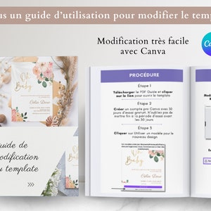 Pu&ograve; includere: Una guida per modificare un modello di invito per un baby shower usando Canva. La guida include istruzioni su come scaricare il modello, creare un account Canva e modificare il testo, i colori e le immagini. Il modello presenta uno schema di colori rosa e oro con illustrazioni floreali e il testo "Oh Baby".