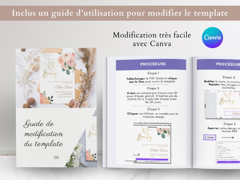 Pu&ograve; includere: Una guida per modificare un modello di invito per un baby shower usando Canva. La guida include istruzioni su come scaricare il modello, creare un account Canva e modificare il testo, i colori e le immagini. Il modello presenta uno schema di colori rosa e oro con illustrazioni floreali e il testo "Oh Baby".