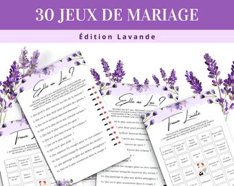 Jeux mariage thème lavande | Pack de 30 Jeux pour mariage en français | Animations mariage | Jeux mariage à imprimer | Personnalisable