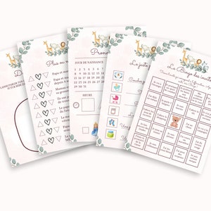 May include: A set of printable baby shower games with a jungle animal theme. The games include a bingo card, a "who's who" game, a "plus or minus" game, a "just the facts" game, and a "pronunciation" game. The games are decorated with a giraffe, an elephant, and eucalyptus leaves.
