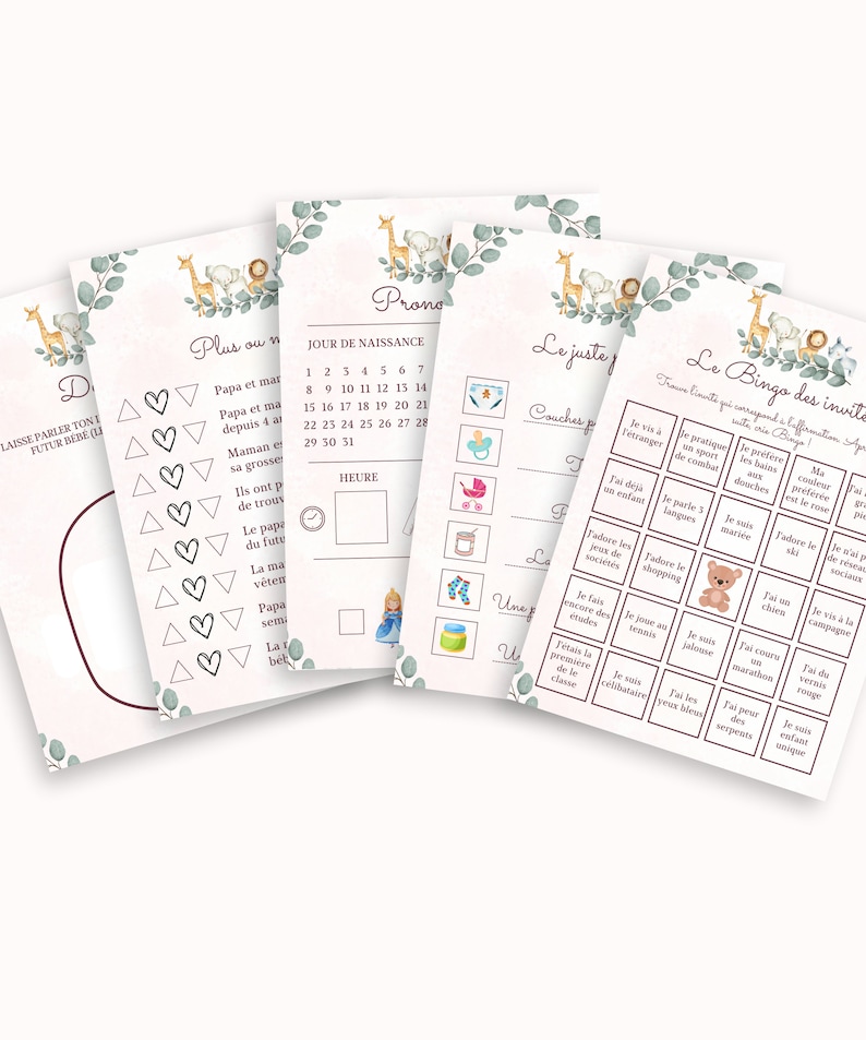 May include: A set of printable baby shower games with a jungle animal theme. The games include a bingo card, a "who's who" game, a "plus or minus" game, a "just the facts" game, and a "pronunciation" game. The games are decorated with a giraffe, an elephant, and eucalyptus leaves.