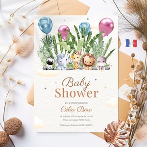 Invitation Baby Shower thème Safari à imprimer - Template Éditables - Baby Shower en français - Faire part Baby Shower - Français