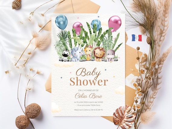 Invitation Baby Shower thème Safari à imprimer - Template Éditables - Baby Shower en français - Faire part Baby Shower - Français